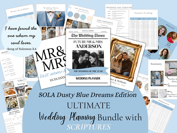 Dusty Blue Ultimate Bridal Glow Wedding Planning Editable CANVA Template with SCRIPTURES