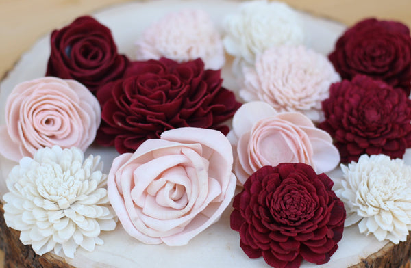 Burgundy/Marsala, Blush and White Mixed Assorted Sola Wood Flowers