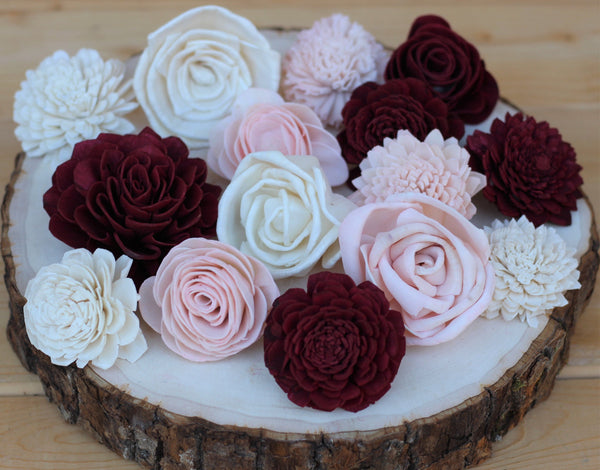 Burgundy/Marsala, Blush and White Mixed Assorted Sola Wood Flowers