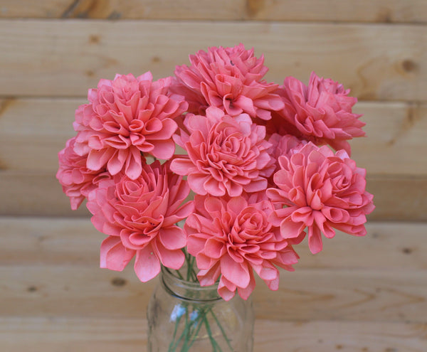 12 Coral Stemmed Dahlia Wood Flowers