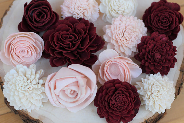 Burgundy/Marsala, Blush and White Mixed Assorted Sola Wood Flowers