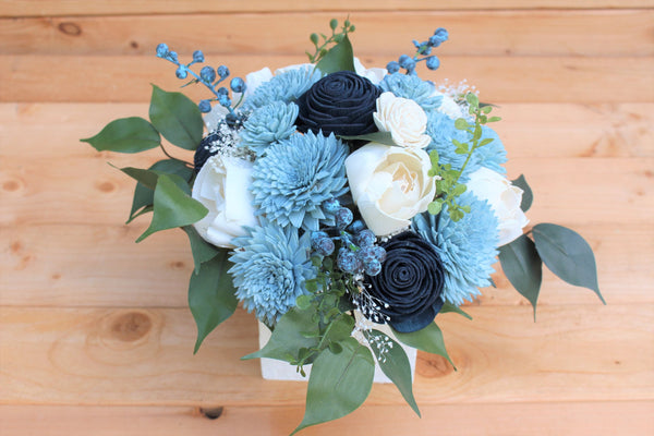 Sola Wood Flower Centerpiece/ Dusty Blue/ Navy Blue/ Ivory