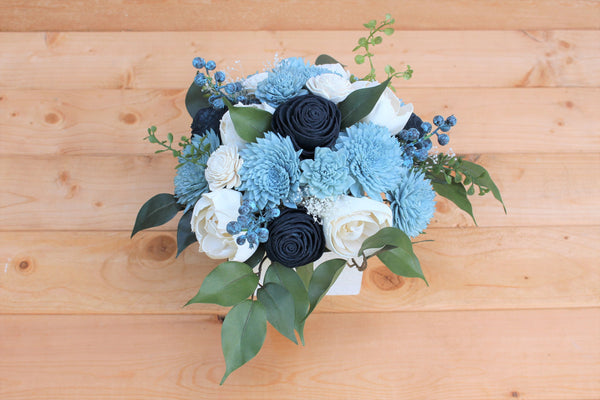 Sola Wood Flower Centerpiece/ Dusty Blue/ Navy Blue/ Ivory