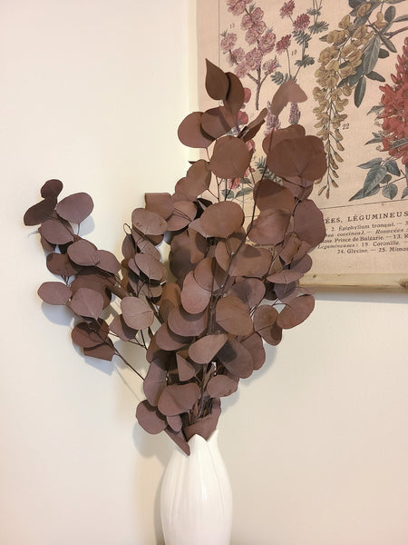 Bunches of preserved silver dollar eucalyptus, green, burgundy, blue eucalyptus for garlands, eucalyptus wreath, greenery for weddings