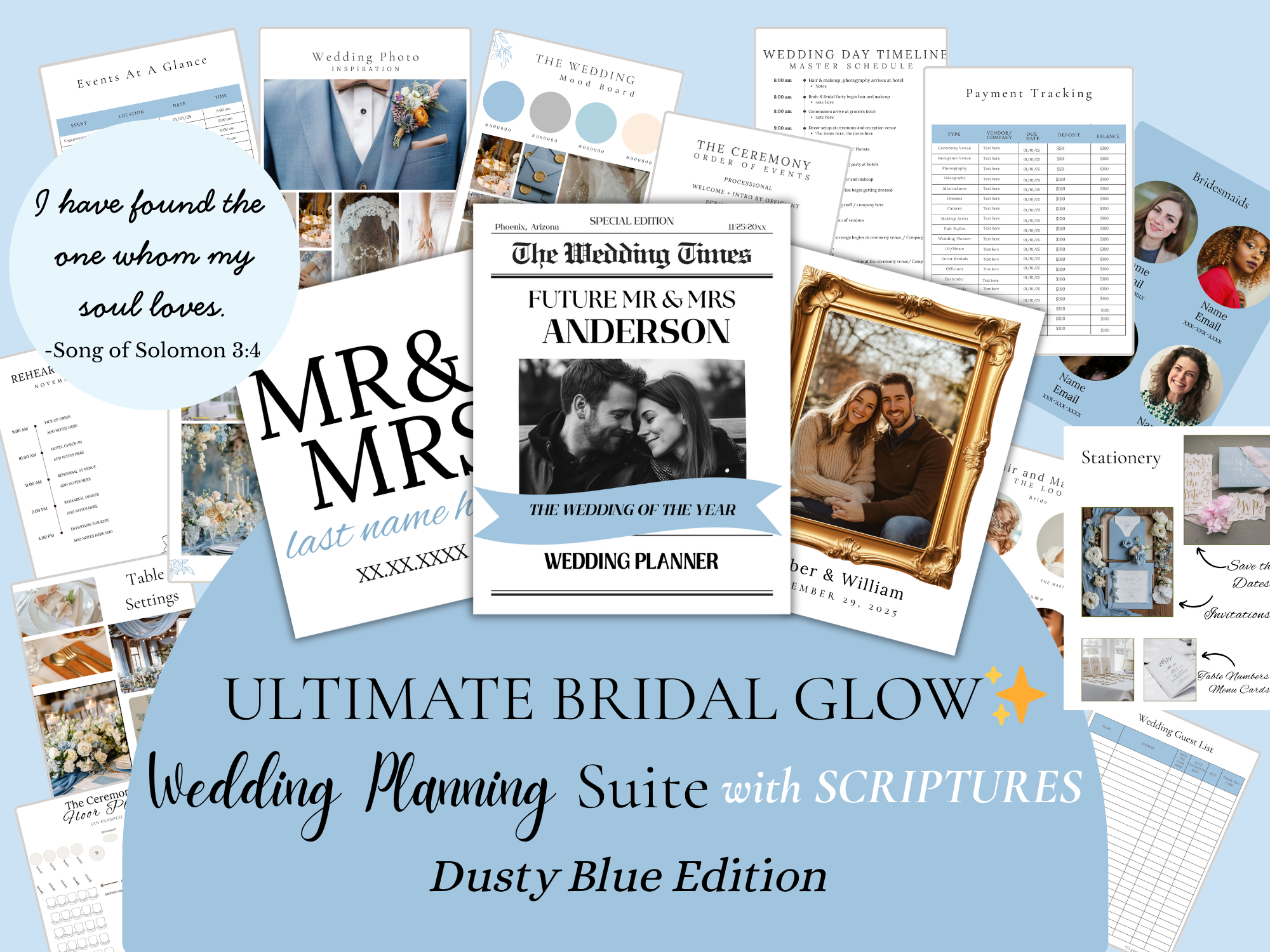 Dusty Blue Ultimate Bridal Glow Wedding Planning Editable CANVA Template with SCRIPTURES