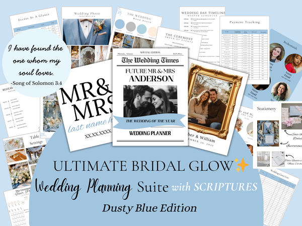 Dusty Blue Ultimate Bridal Glow Wedding Planning Editable CANVA Template with SCRIPTURES