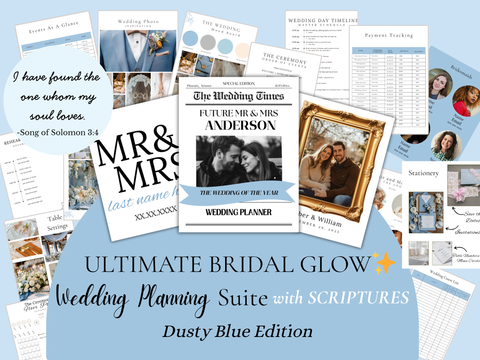Dusty Blue Ultimate Bridal Glow Wedding Planning Editable CANVA Template with SCRIPTURES