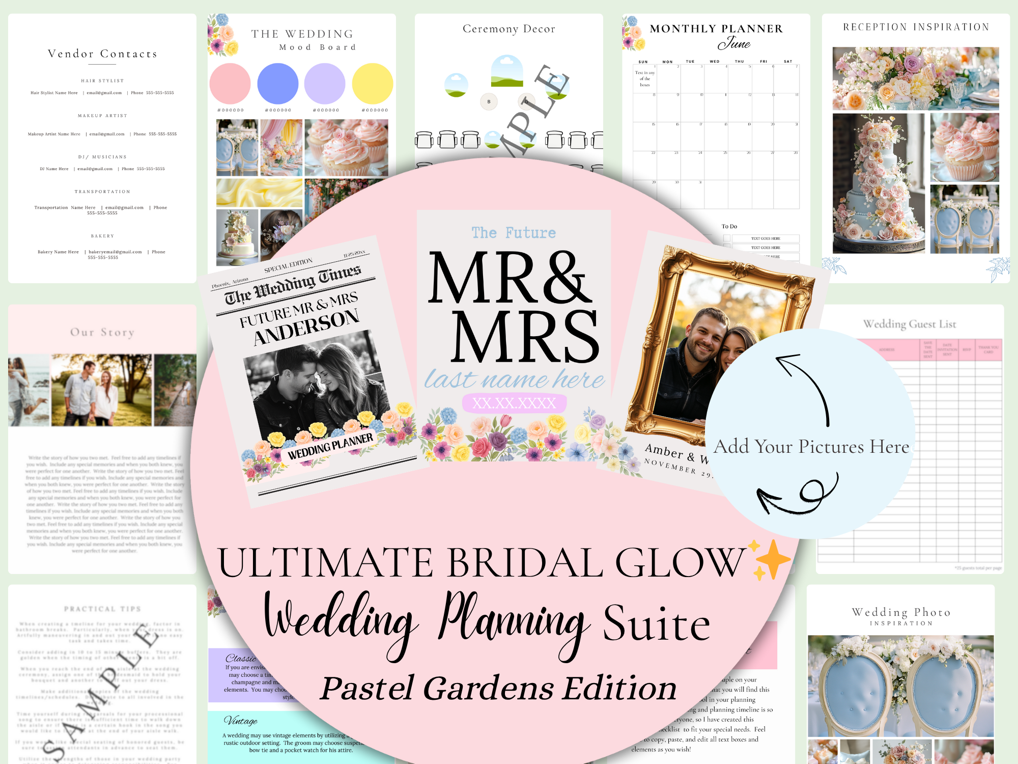 Pastel Gardens Ultimate Bridal Glow Wedding Planning Editable CANVA Template- Whimsical & Colorful