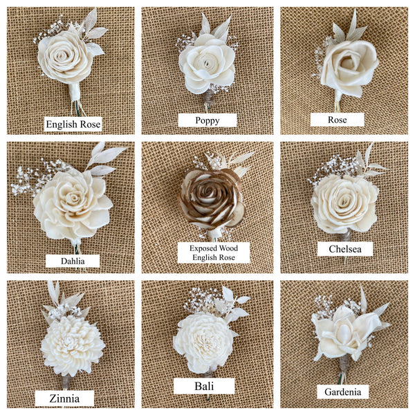 Choose your boutonniere, Sola flowers, wedding flowers, groomsmen, wood flowers