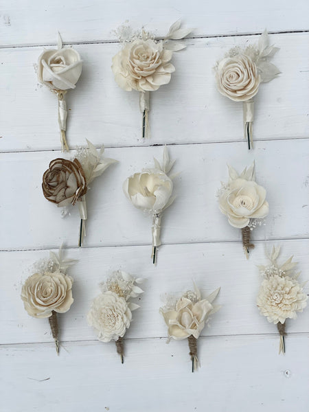 Choose your boutonniere, Sola flowers, wedding flowers, groomsmen, wood flowers