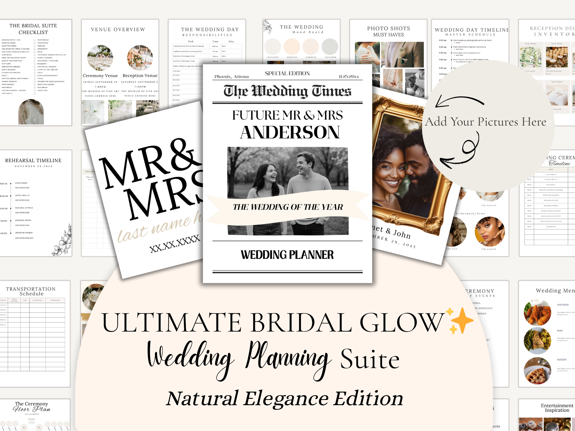 Natural Elegance Neutrals Ultimate Bridal Glow Wedding Planning Suite- Editable CANVA Template