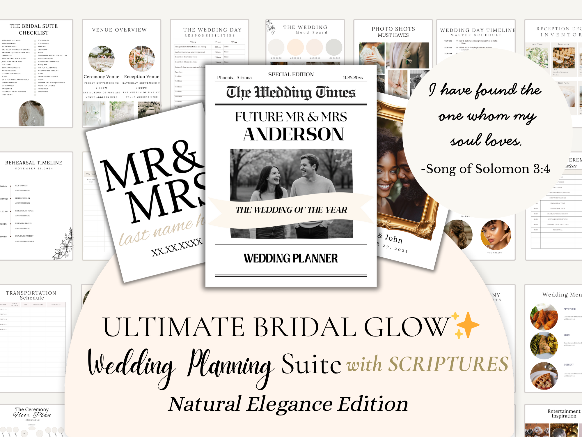 Natural Elegance Neutrals Ultimate Bridal Glow Wedding Planner CANVA Template with SCRIPTURES Faith Based