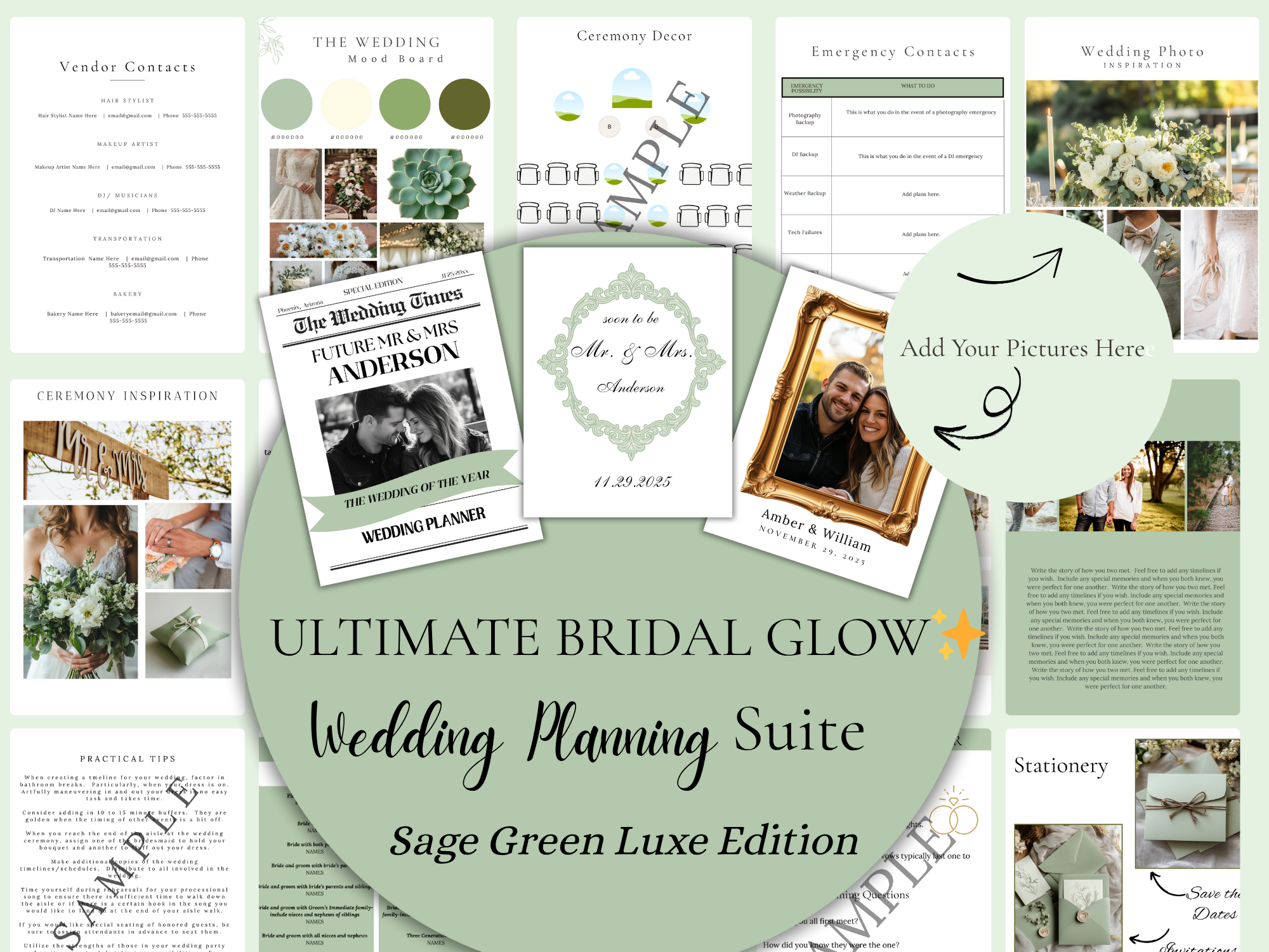 Sage Green Luxe Ultimate Bridal Glow Wedding Planning Editable CANVA Template- Botanical & Polished