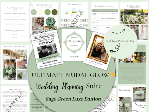 Sage Green Luxe Ultimate Bridal Glow Wedding Planning Editable CANVA Template- Botanical & Polished
