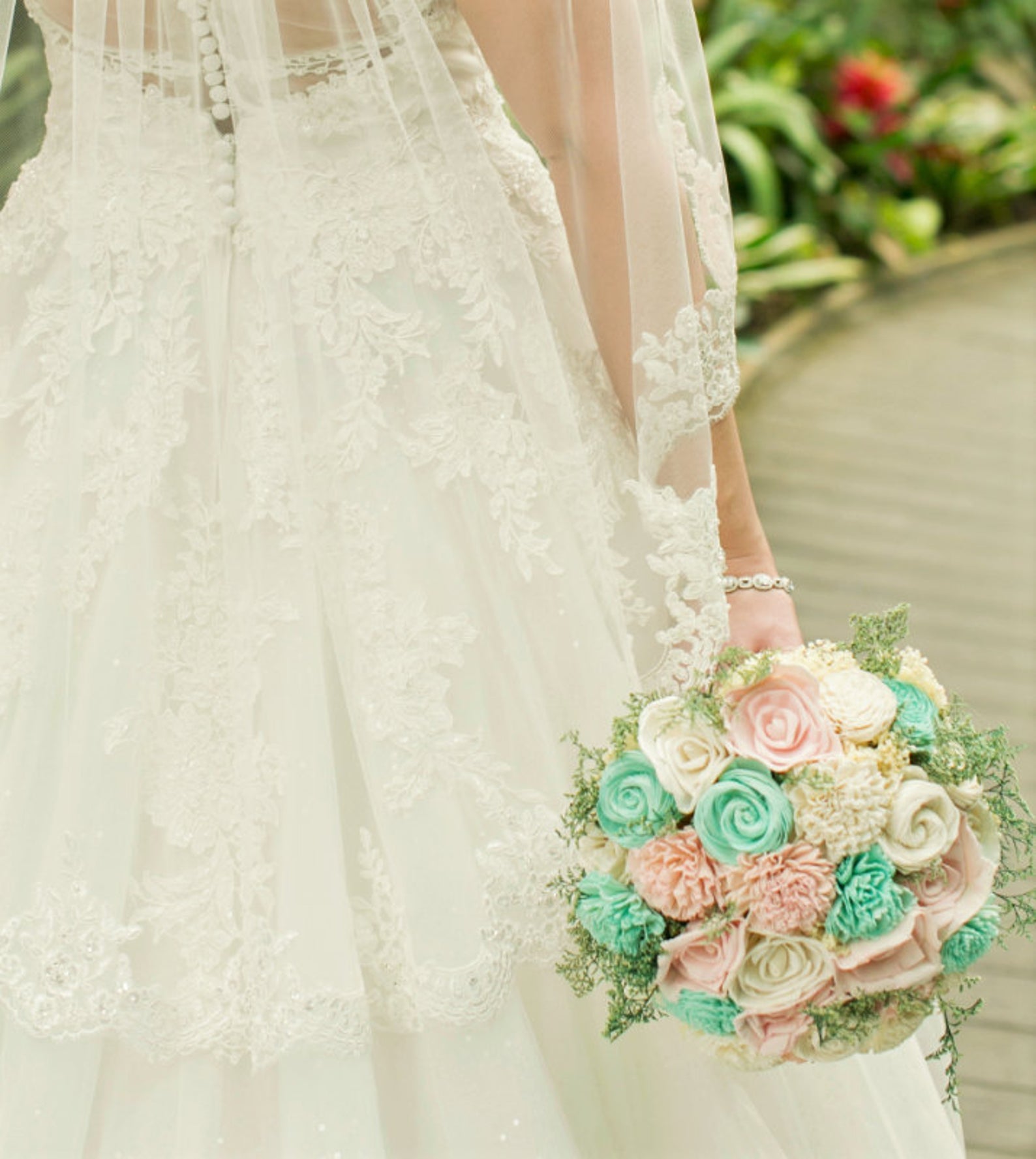Mint, Blush Pink Sola Bouquet with option of Greenery