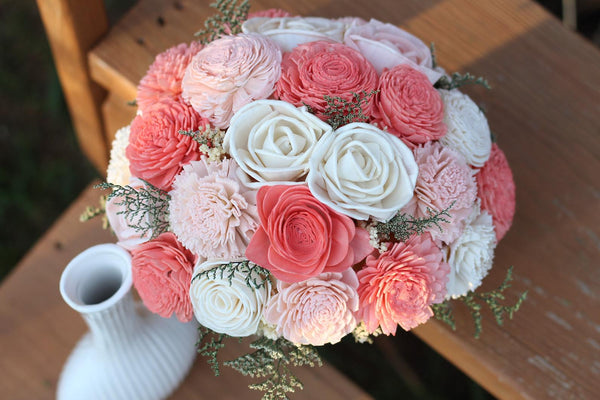 Coral and Blush Pink Sola Bouquet with option of Greenery
