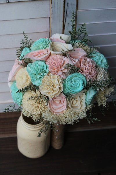 Mint, Blush Pink Sola Bouquet with option of Greenery