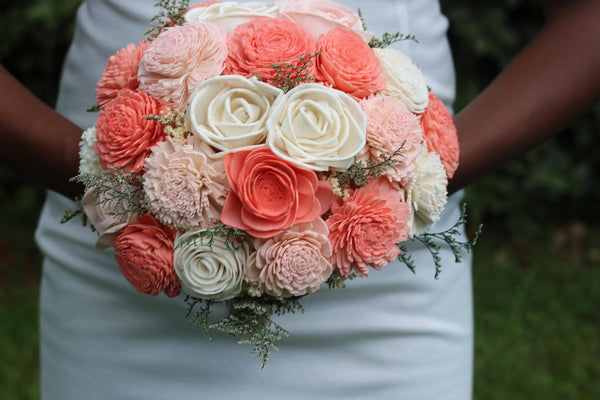 Coral and Blush Pink Sola Bouquet with option of Greenery