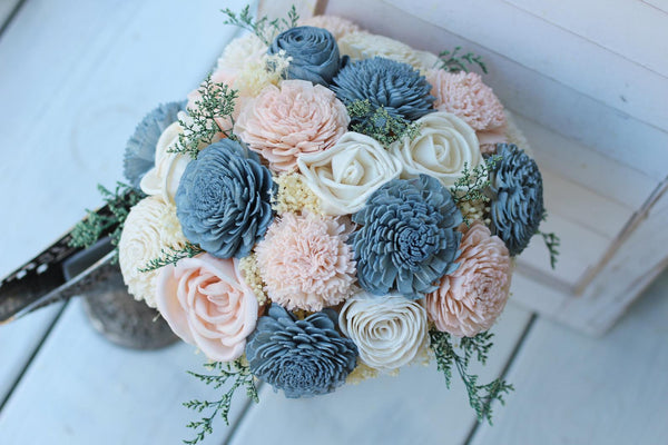 Slate Blue and Blush Pink Sola Bouquet with option of Greenery