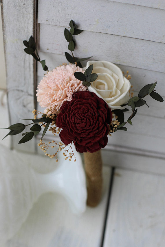 Burgundy Blush Pink Ivory Sola Wood Budget Wedding Bouquet Set, sola f