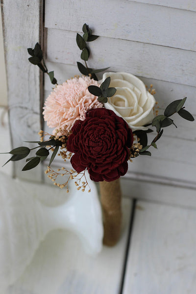 Burgundy Blush Pink Ivory Sola Wood Budget Wedding Bouquet Set, sola flower wedding bouquet