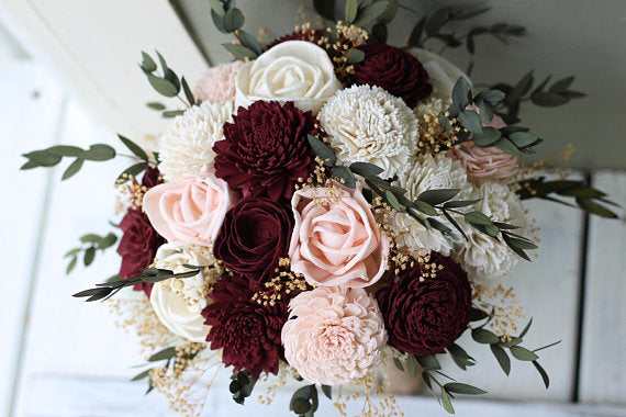 Burgundy Blush Pink Ivory Sola Wood Budget Wedding Bouquet Set, sola flower wedding bouquet