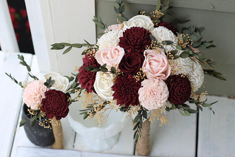 Burgundy Blush Pink Ivory Sola Wood Budget Wedding Bouquet Set, sola flower wedding bouquet