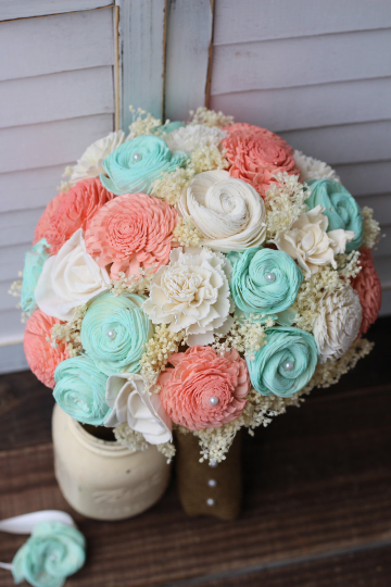 Coral and Mint Sola Wood Wedding Bouquet