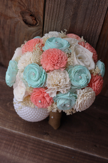 Coral and Mint Sola Wood Wedding Bouquet