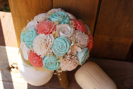 Coral and Mint Sola Wood Wedding Bouquet