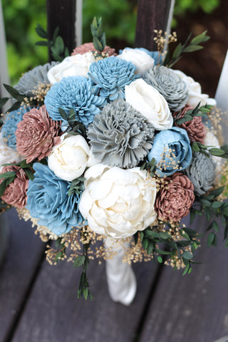 Dusty Blue and Gray Peony  Sola Wood Flower Wedding Bouquet