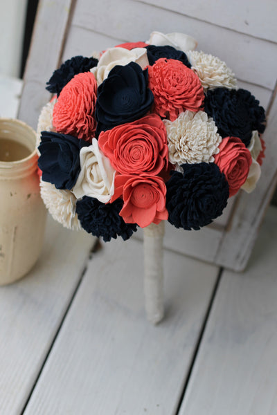 Navy Coral Sola Flower Bouquet, Wedding Bouquet