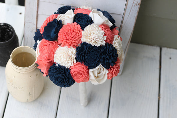 Navy Coral Sola Flower Bouquet, Wedding Bouquet