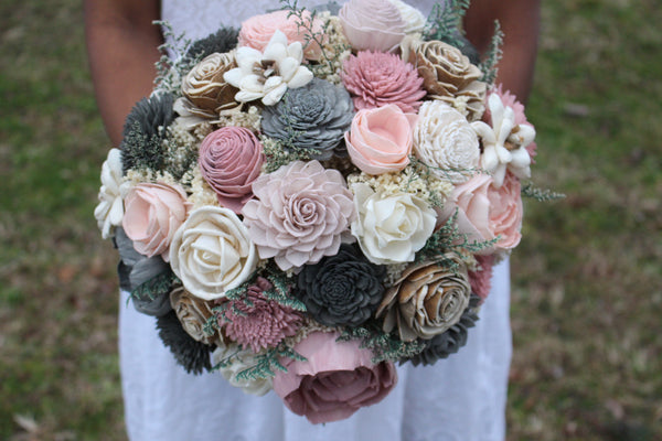 Dusty rose Gray Sola Wood Flower Bouquet with exposed wood sola flowers, Rustic Wedding, Sola wedding bouquet