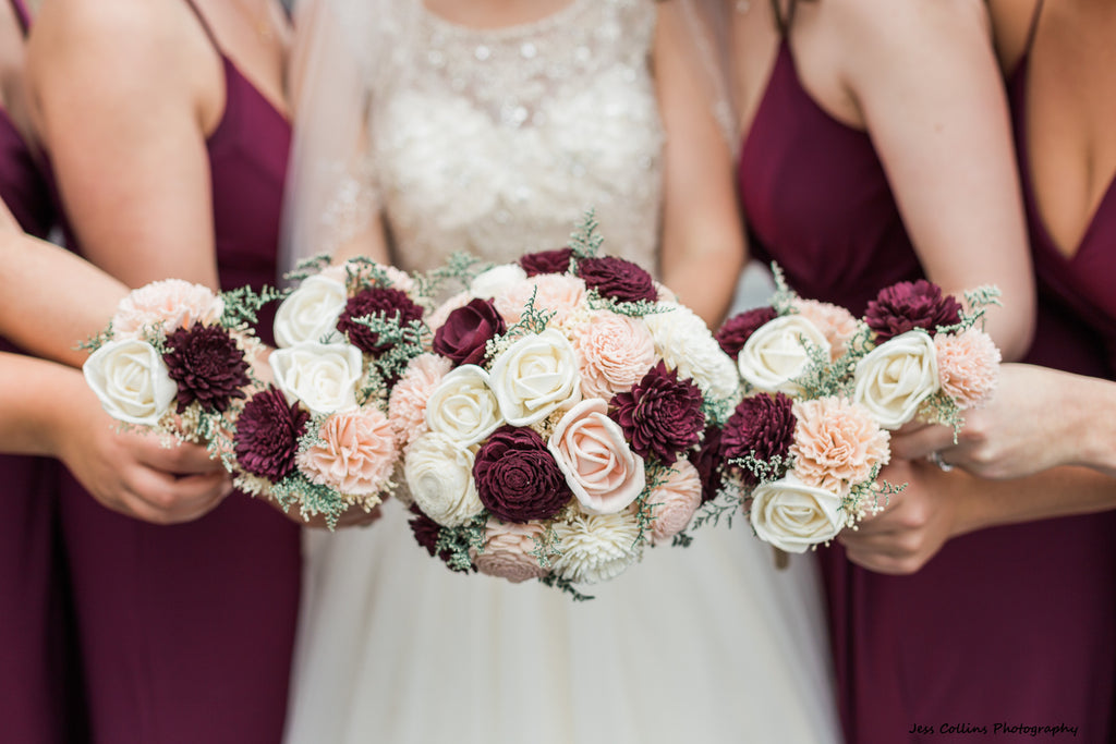 Marsala Burgundy blush sola wood flower budget wedding bouquet set – The Sola Flower Store