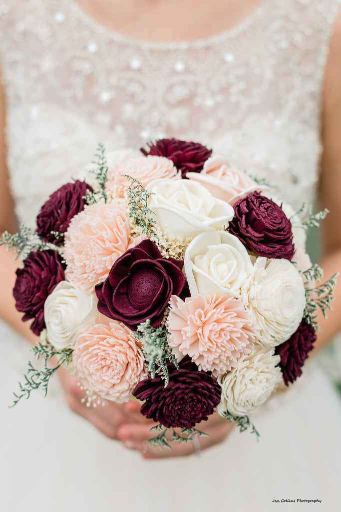 Marsala Burgundy blush sola wood flower budget wedding bouquet set 1 Medium 2 Peti