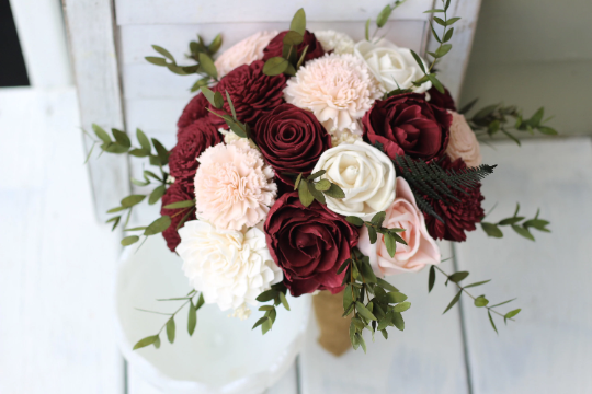 Marsala Blush Pink Sola Wood Flower Wedding Bouquet, Spring Summer Fall WInter Wedding Bouquet