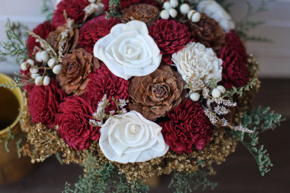 Marsala/ burgundy winter wedding sola wood flower bouquet