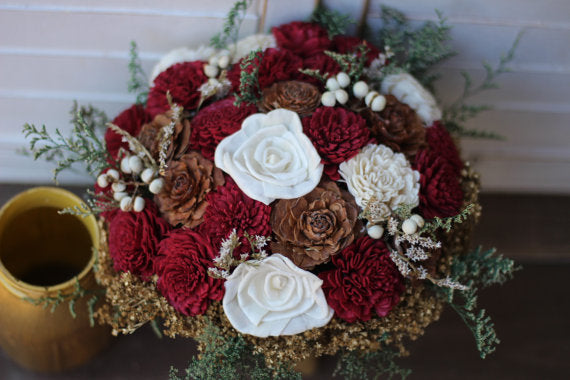 Marsala/ burgundy winter wedding sola wood flower bouquet