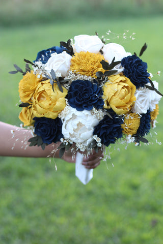 Navy Mustard and Ivory Peony  Sola Wood Flower Wedding Bouquet, Fall Bouquet