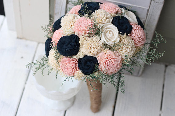 Navy, Blush Pink and Cream Sola Wood Flower Wedding Bouquet