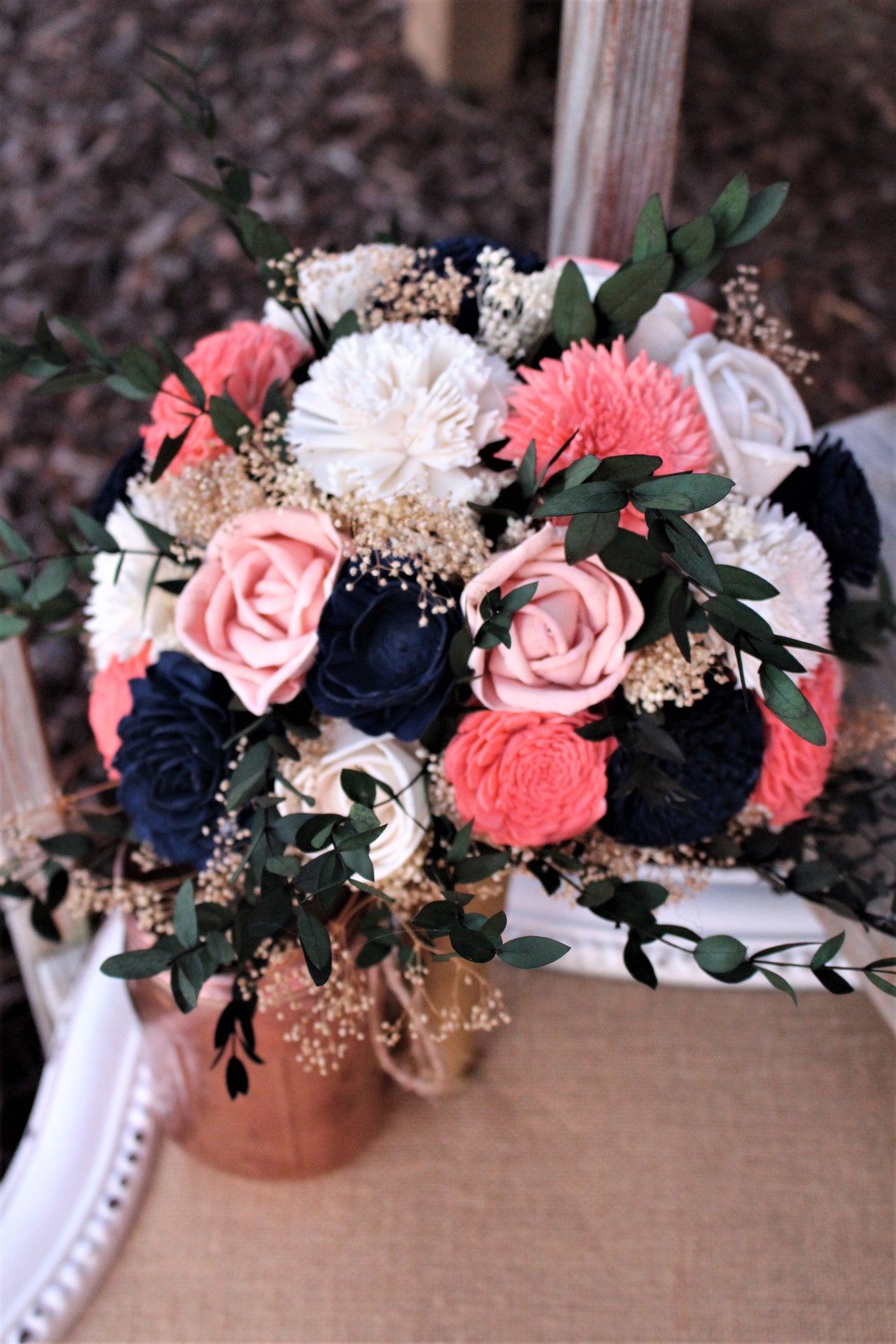 Navy Coral Bellini Sola Wood Flower Wedding Bouquet with Greenery, Forever Bouquet