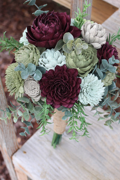 Plum Green Succulent Sola Wood Flower Wedding Bouquet