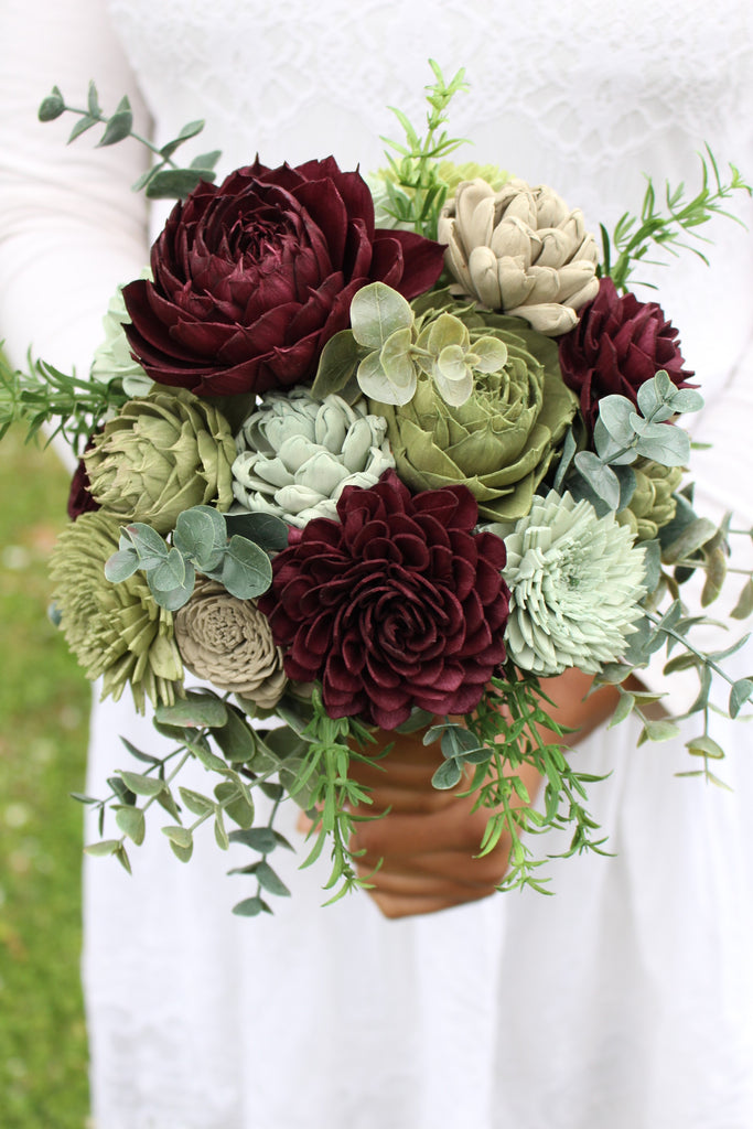 succulent bridesmaid bouquets Plum Green Succulent Sola Wood Flower Wedding Bouquet Large / Colors as Shown / Twine