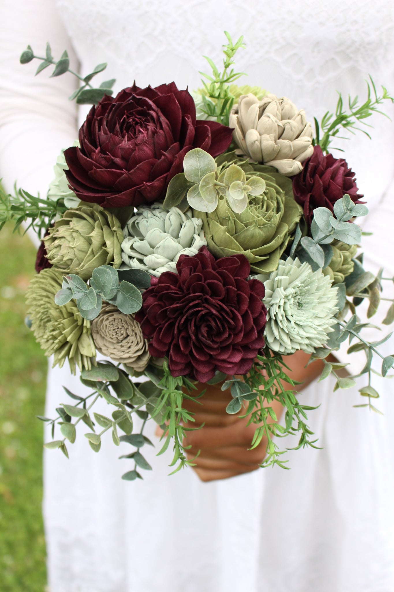 wedding bouquet with succulents and roses Plum Green Succulent Sola Wood Flower Wedding Bouquet Large / Colors as Shown / Twine