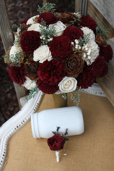 Deep Marsala/ burgundy winter wedding sola wood flower wedding bouquet woodland