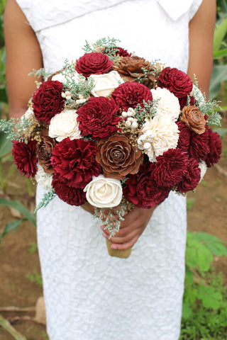 Marsala/ burgundy winter wedding sola wood flower bouquet
