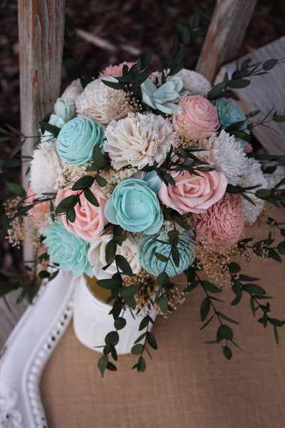 Bellini, Robin's Egg Blue, Ivory Sola Wood Flower Wedding Bouquet, sola flower bouquet