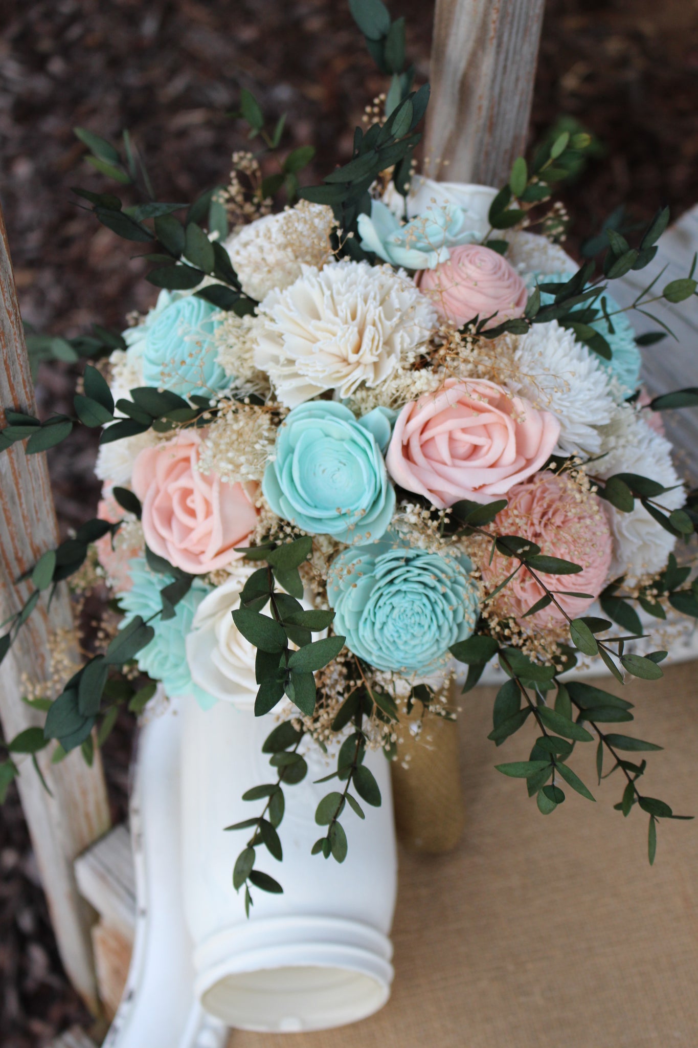 Bellini, Robin's Egg Blue, Ivory Sola Wood Flower Wedding Bouquet, sola flower bouquet