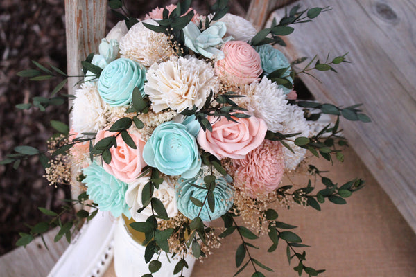 Bellini, Robin's Egg Blue, Ivory Sola Wood Flower Wedding Bouquet, sola flower bouquet